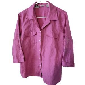 Richard Malcolm Large Irish Linen Blouse Button Front Top Pink Beaded Flower